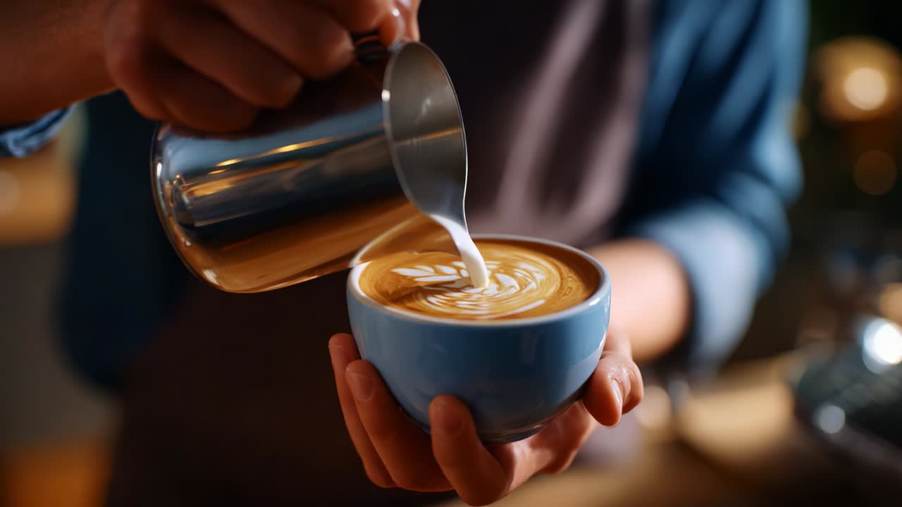 Pouring Milk into Coffee Latte Art