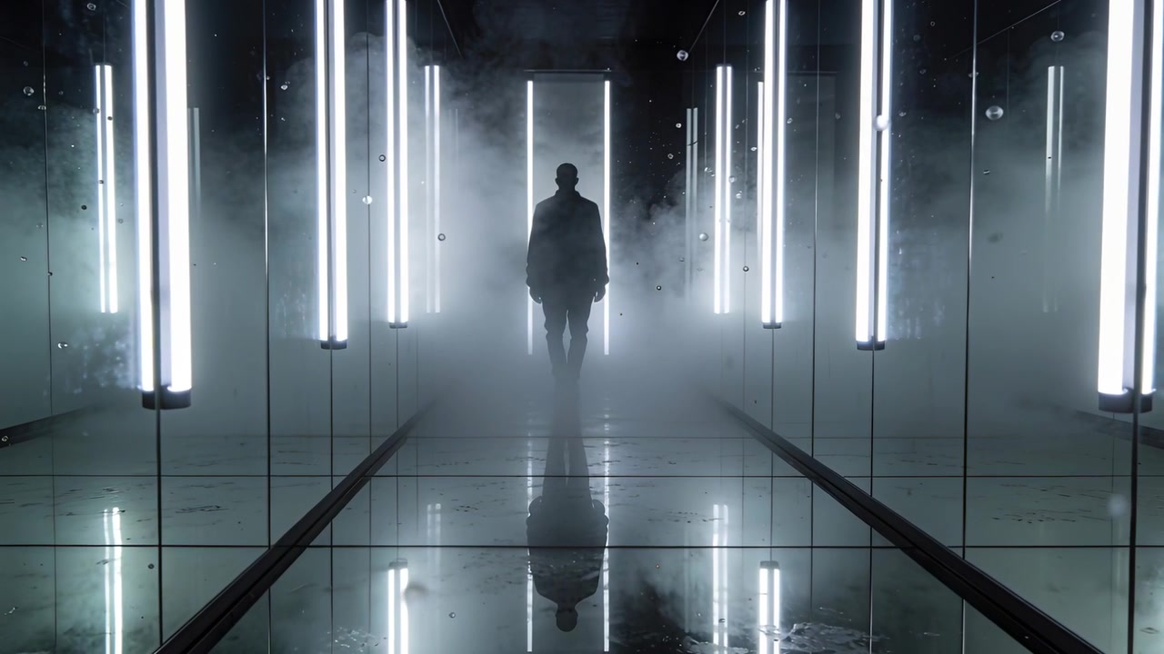 Walking silhouette in coat moving toward backlit doorway in mirror corridor with light tubes, fog