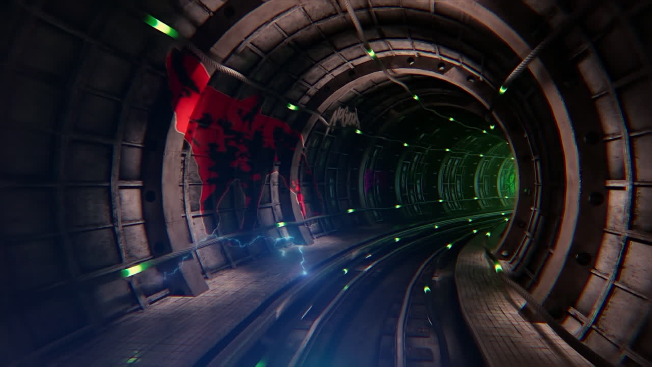 Dark Futuristic Underground Tunnel with Graffiti and Neon Lights