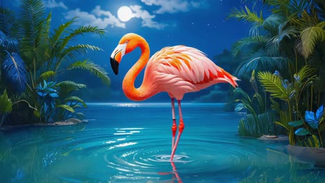 a flamingo standing in a tropical lagoon under the moonlight