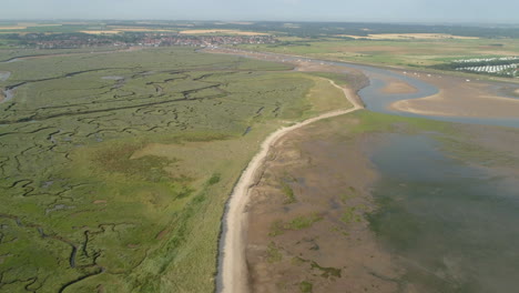 establecimiento de disparos de drones inclinándose hacia arriba para revelar pozos junto al mar ciudad costera con arroyo y marisma en el norte de norfolk, costa este del reino unido