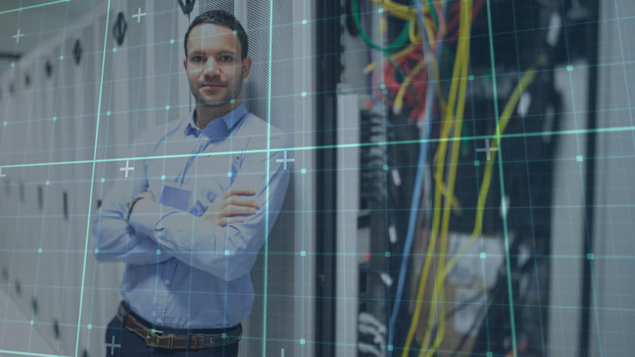 animación de una pantalla en movimiento controlada sobre un hombre caucásico de pie en el servidor