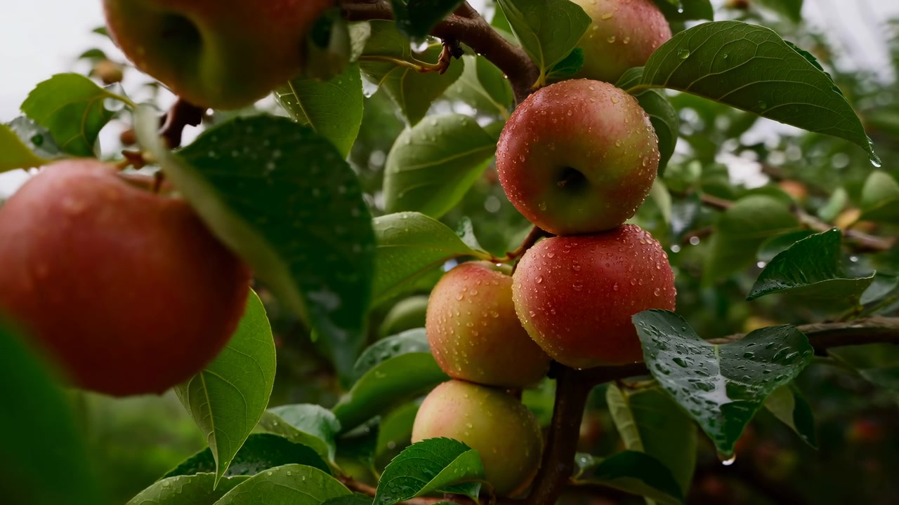 Manzanas rojas maduras en rama relucientes. Gotas de lluvia en la piel y las hojas, fondo de huerto nublado, macro cerrado.