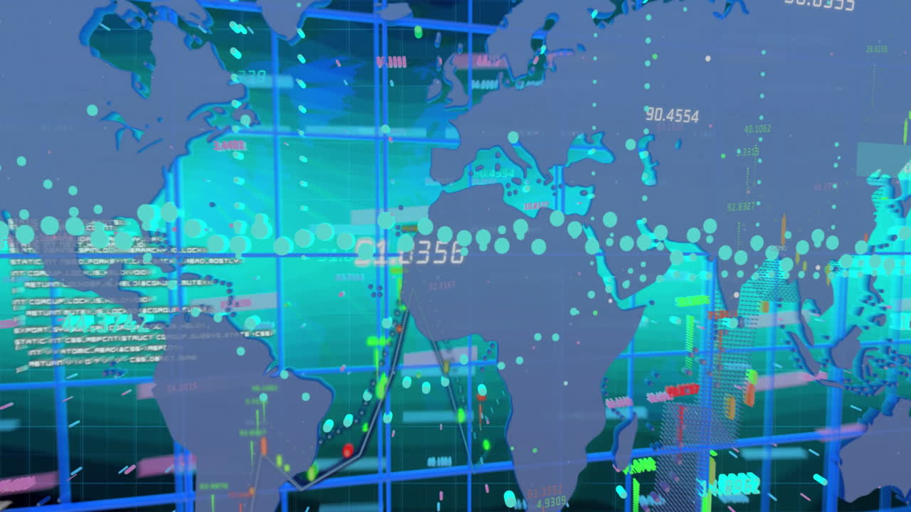 Animation showing world map with data points over digital grid background