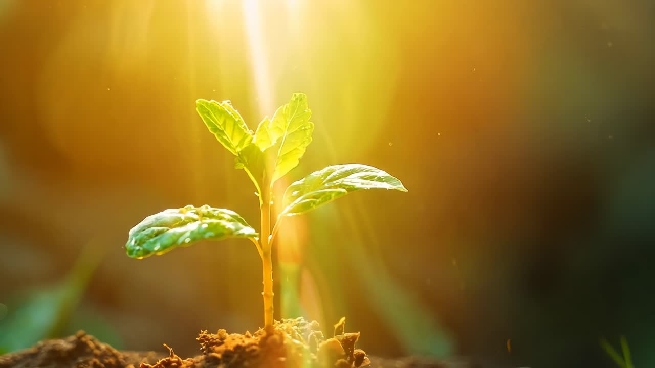 eine kleine grüne pflanze wächst im schmutz. die pflanze ist von schmutz und felsen umgeben, und das sonnenlicht scheint auf sie. konzept des wachstums und des lebens, da die pflanze beginnt zu sprießen