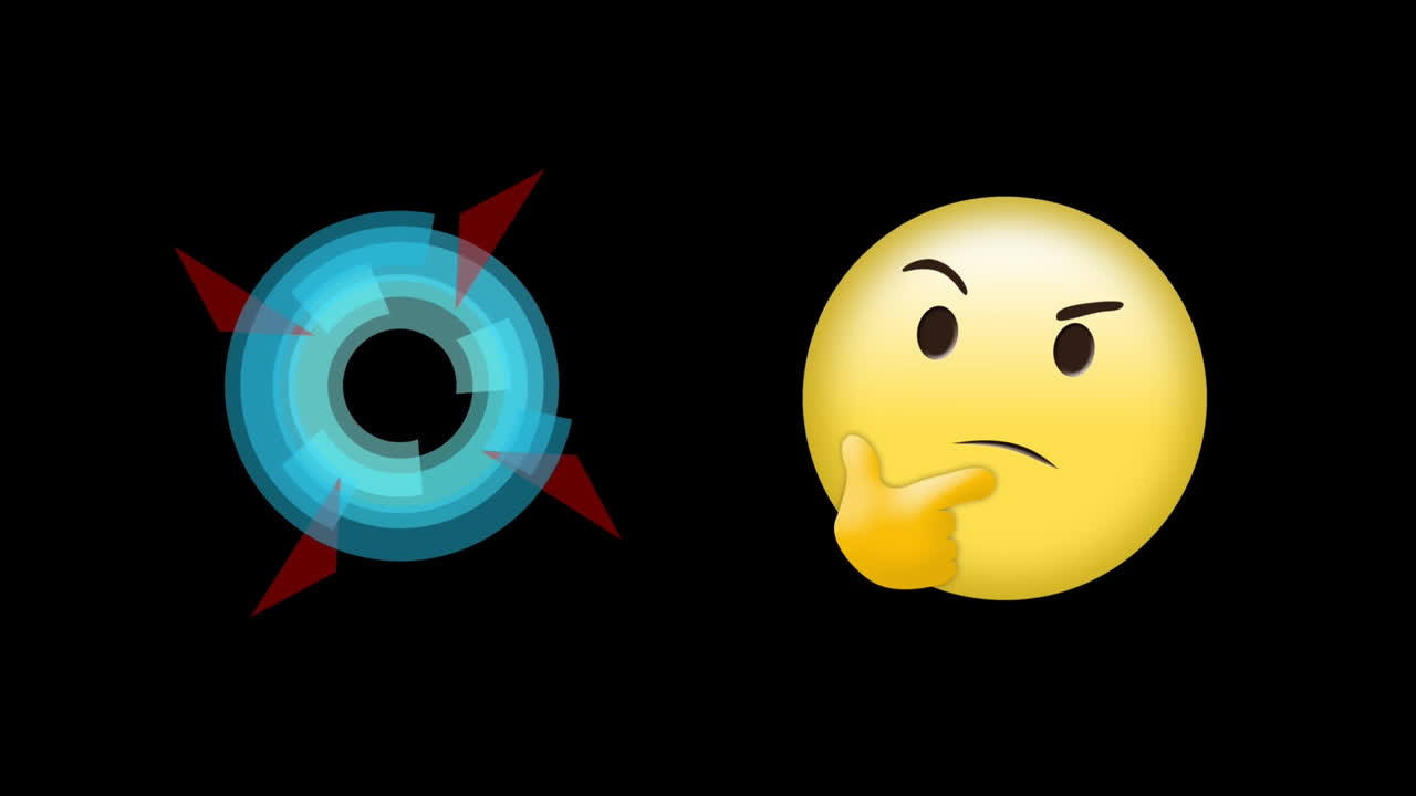 추상적인 원형 모양의 디지털 애니메이션 검은 바탕에 회전하고 생각하는 얼굴 이모티콘