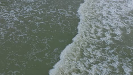 Aerial-birdseye-view-of-big-stormy-waves-breaking-against-the-white-sand-beach,-overcast-day,-seashore-dunes-damaged-by-waves,-coastal-erosion,-climate-changes,-wide-drone-shot-moving-forward