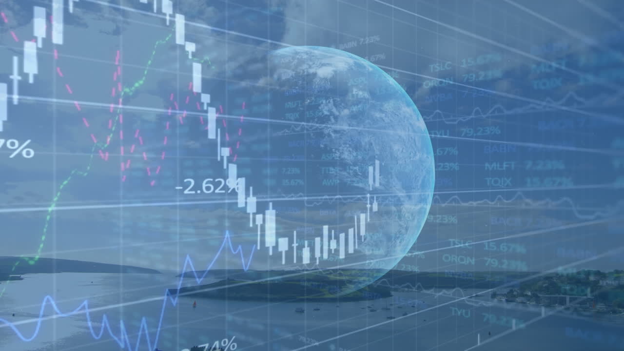 Animation of financial data and globe over wind turbine