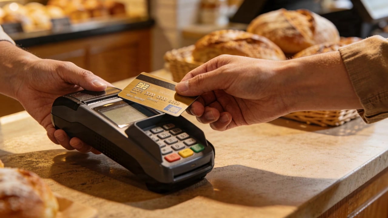Steadying POS terminal cashier light sleeve client tapping gold card at bakery counter buying bread
