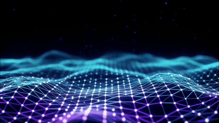 Onda di dati digitali astratta con nodi di rete luminosi