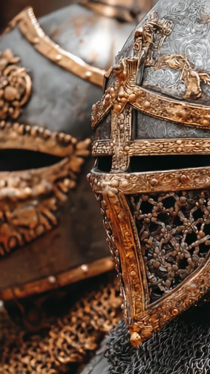 Elmi intricati e ornati da una mostra dell'era medievale, che mostrano una squisita maestria nell'armatura e un significato storico nel mondo dei cavalieri e della guerra.
