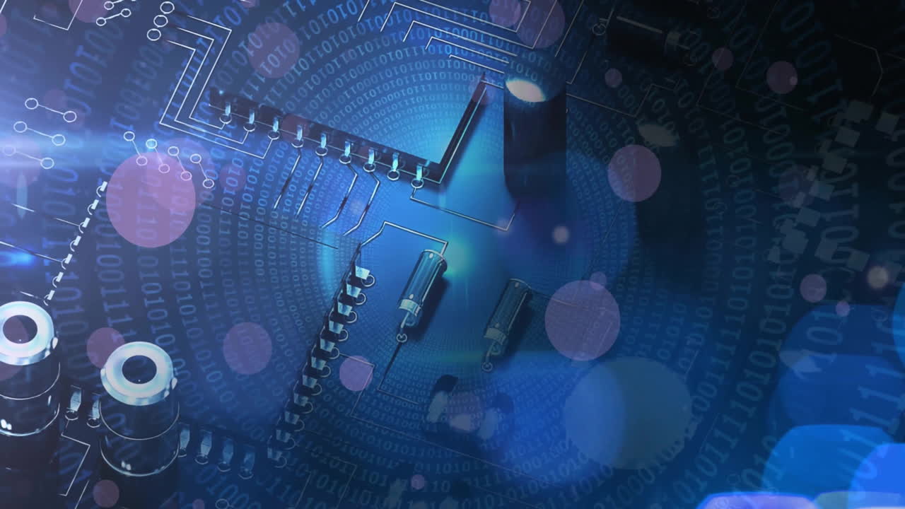 컴퓨터 회로판 위의 빛 점의 애니메이션