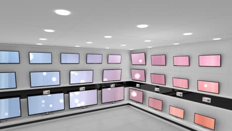 animación de filas de aparatos de televisión en la tienda con pantallas brillantes con espacio de copia