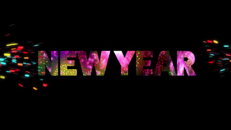 animación de texto de año nuevo y fuegos artificiales sobre fondo negro