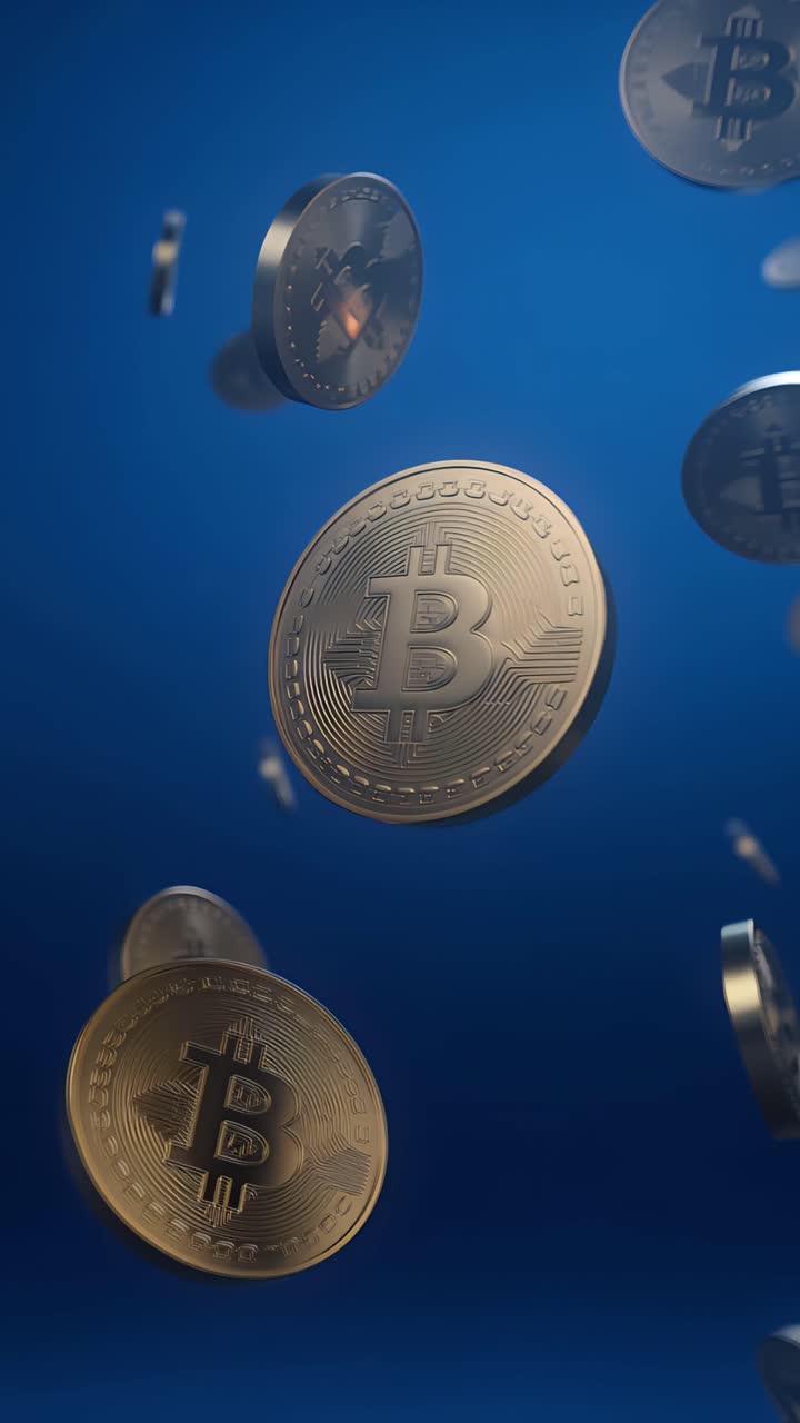 Animazione rotante di Bitcoin dorato su sfondo scuro, criptovaluta cinematografica 4K.