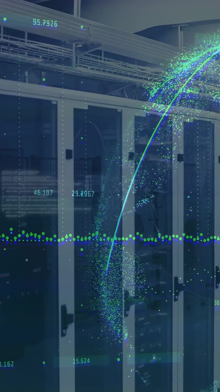 Vertical video: Frame3 particles forming arc across server row hitting trend line, visualizing data