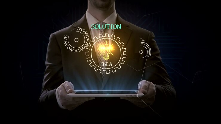 Businessman lifting smart pad, tablet, Drawing success, solution concept with gear wheel, creative, strategy. Animation. 4k movie