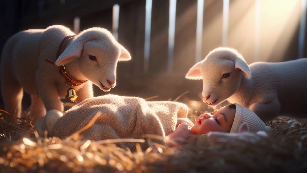 Twee lammetjes kijken naar een slapende baby in een hooischuur