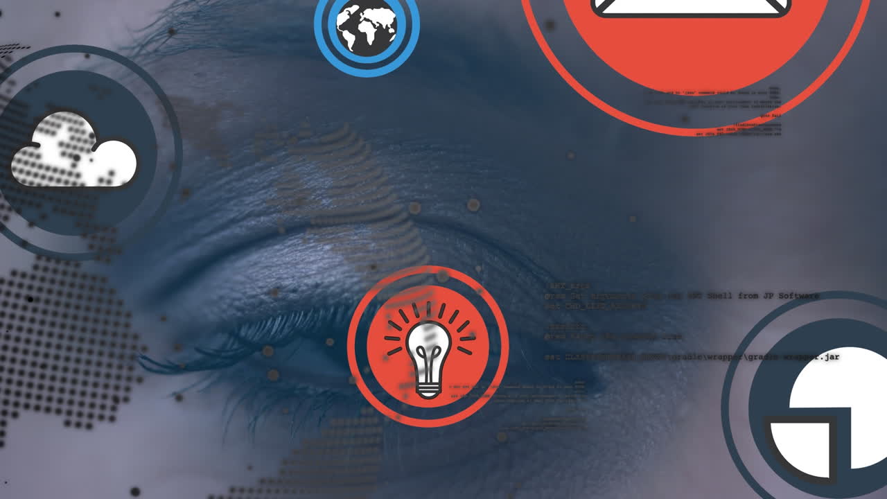 animación de iconos tecnológicos en círculos y globo sobre los ojos de una mujer caucásica