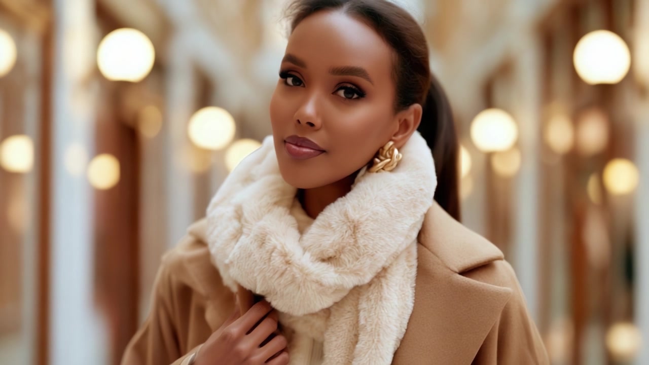Elegant Fashion Portrait: A Stylish Individual Radiates Confidence and Charm in a Cozy, Chic Ensemble Amidst a Softly Lit and Inviting Environment