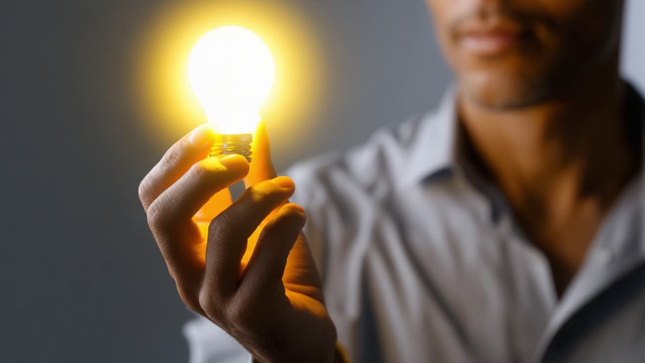A person holding a glowing light bulb, symbolizing innovation, ideas, and creativity with an inspiring glow emerging from the bulb in a dimly lit environment