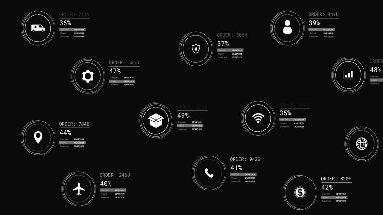Animation of icons with data processing on black background
