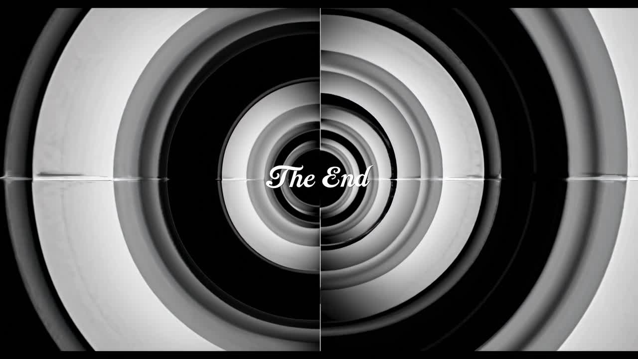 Retro video end screen with concentric circles in grayscale