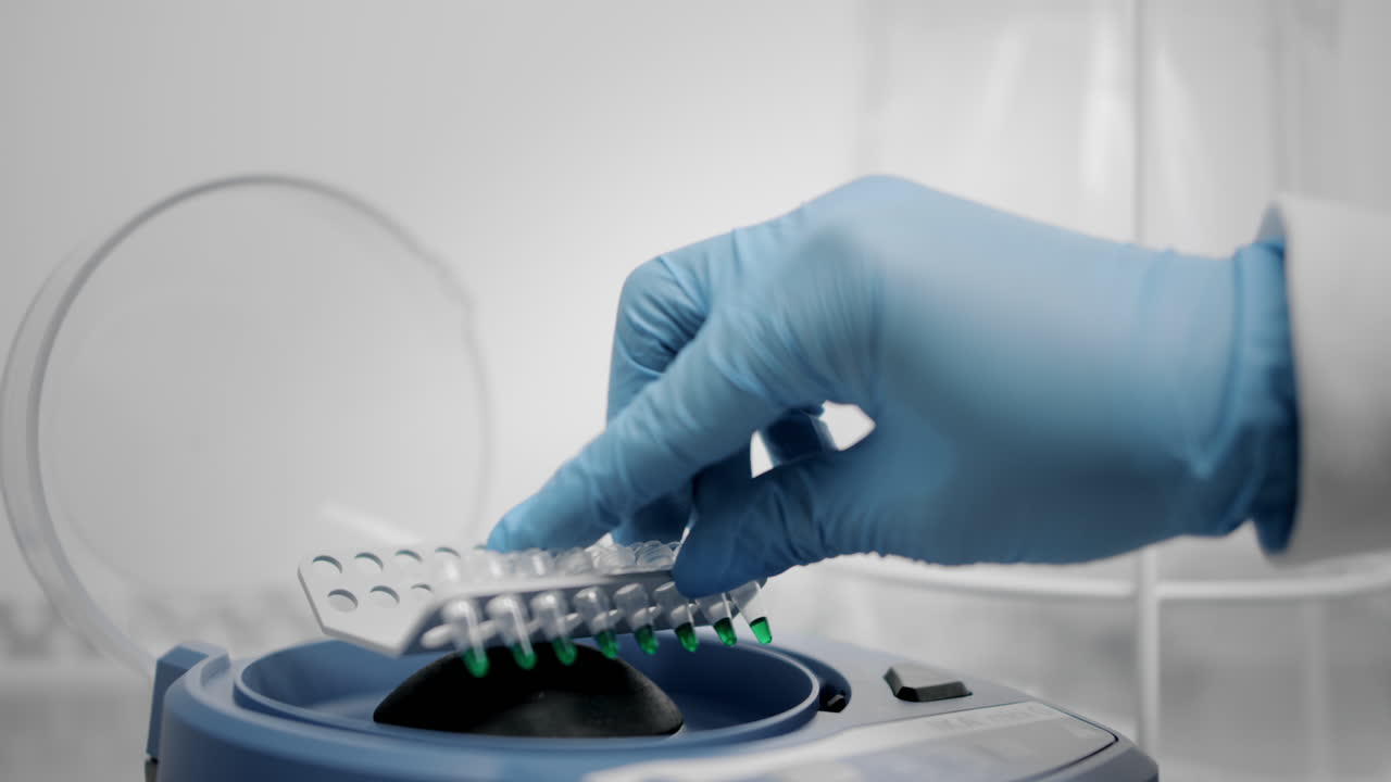 Mano con guanto blu che inserisce campioni verdi per la cura del cancro in una centrifuga rotante