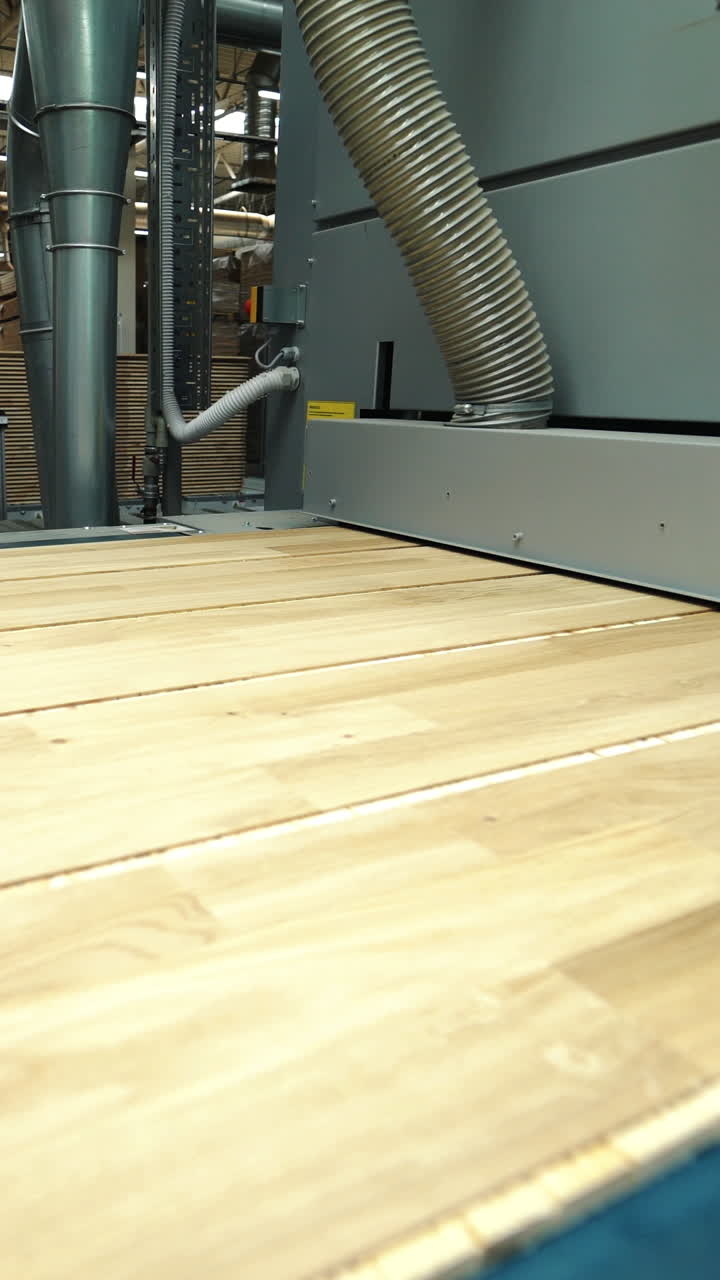 Modern parquet grinding technology at a woodworking factory. The process of processing uneven boards. Line of manufacturing. Close-up Vertical video