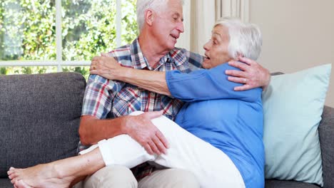 una pareja de mayores abrazándose en el sofá.