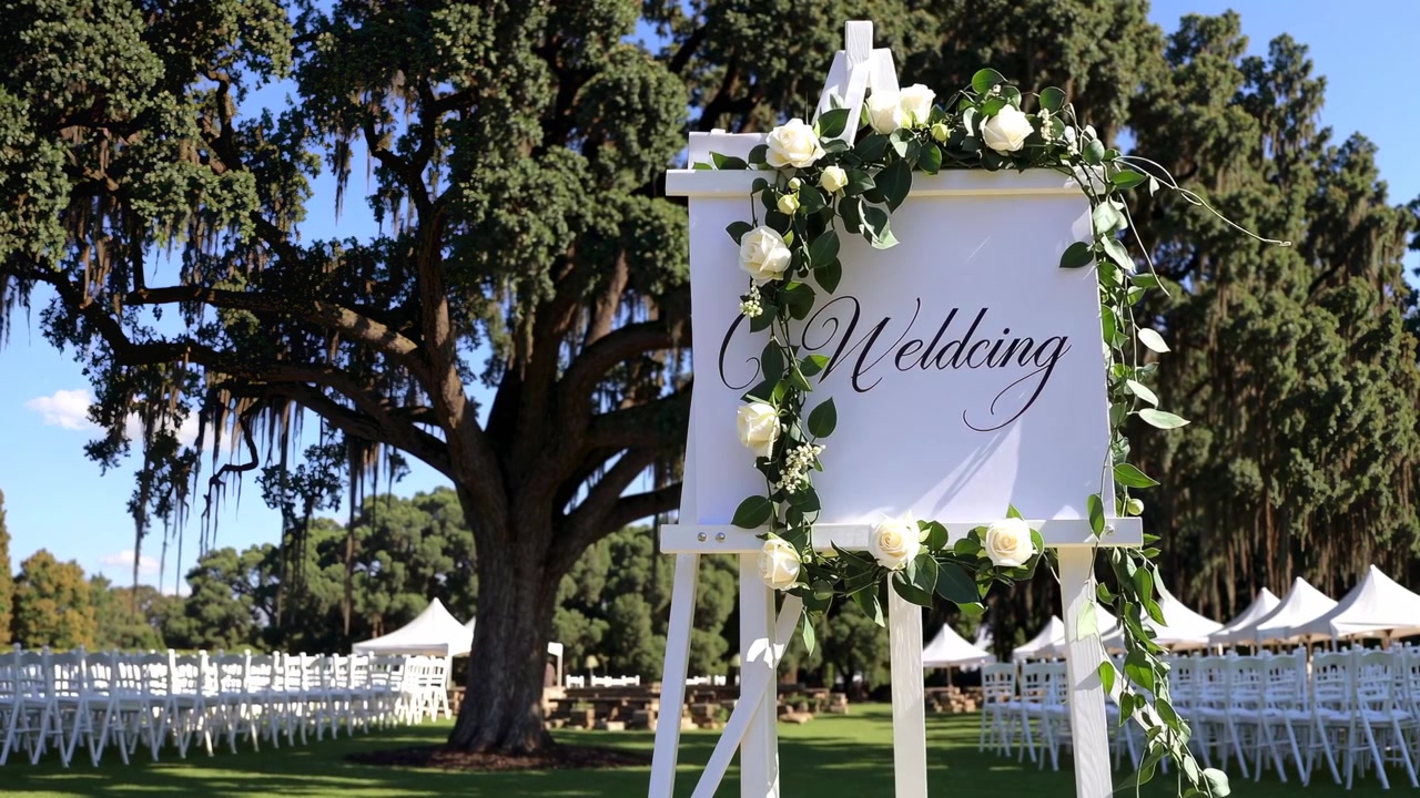 Placa de Boas-Vindas de Casamento Decorada com Rosas Brancas em Cenário de Jardim ao Ar Livre