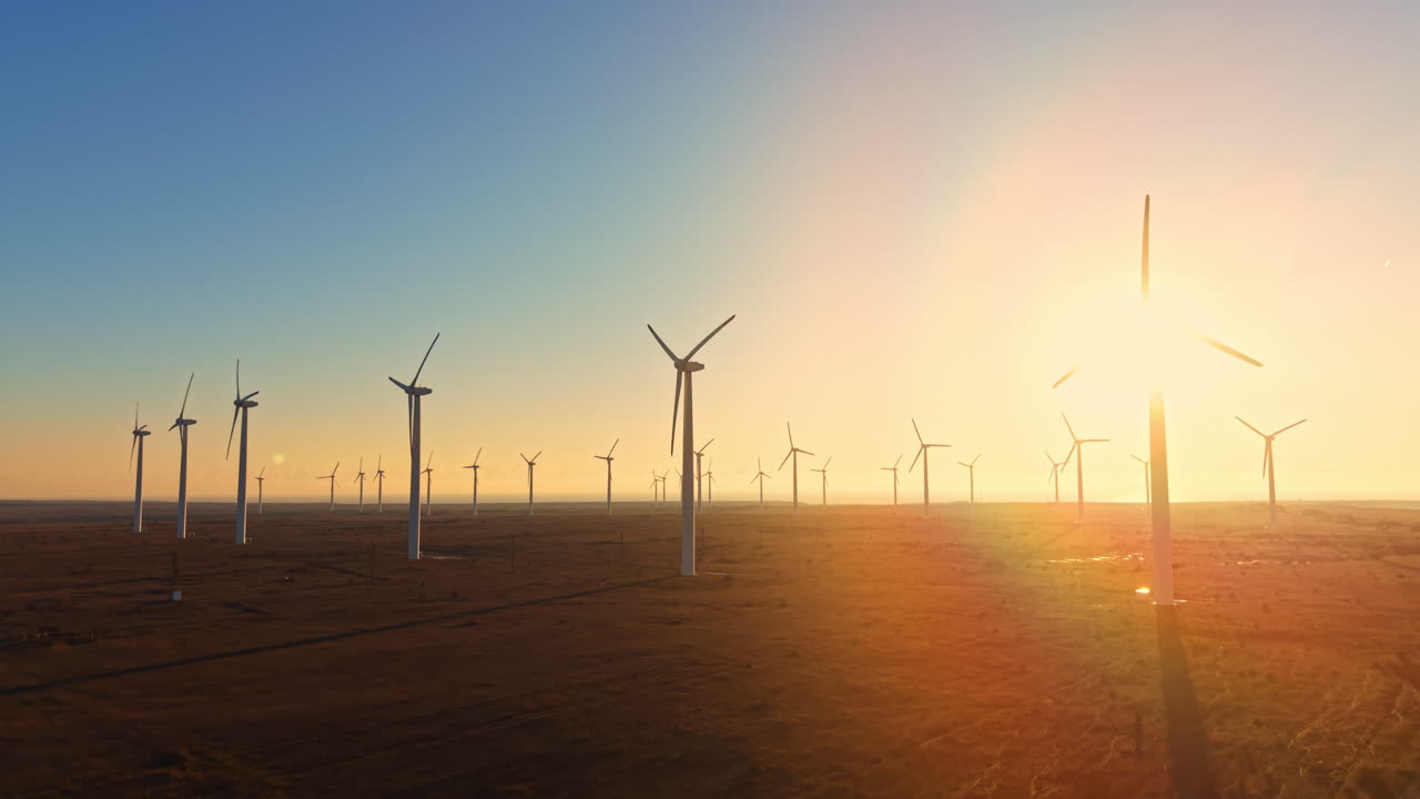Wind turbines stand in a row under a bright sky at sunset in a wide open space