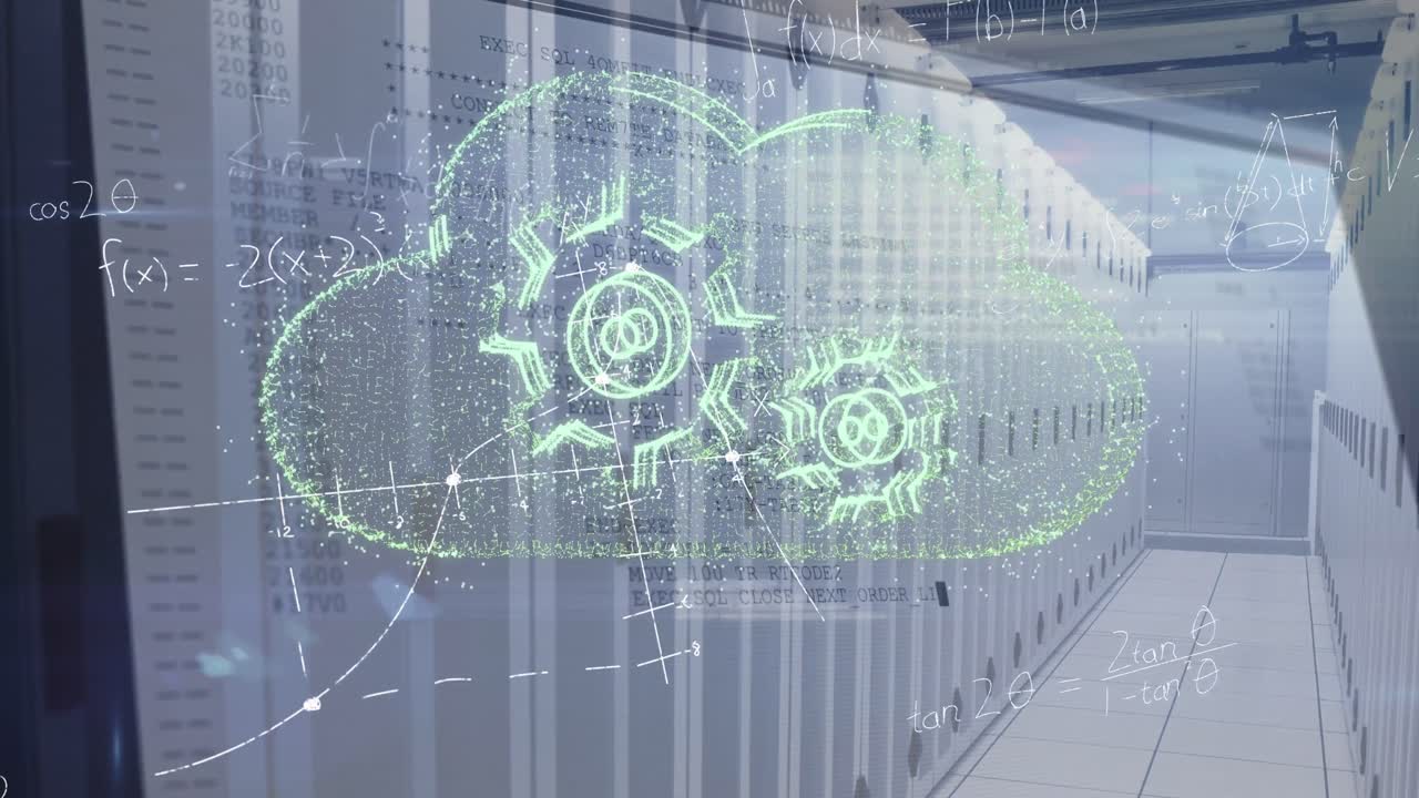 animación de nubes y ruedas dentadas con fórmulas matemáticas a través de servidores de datos en la habitación