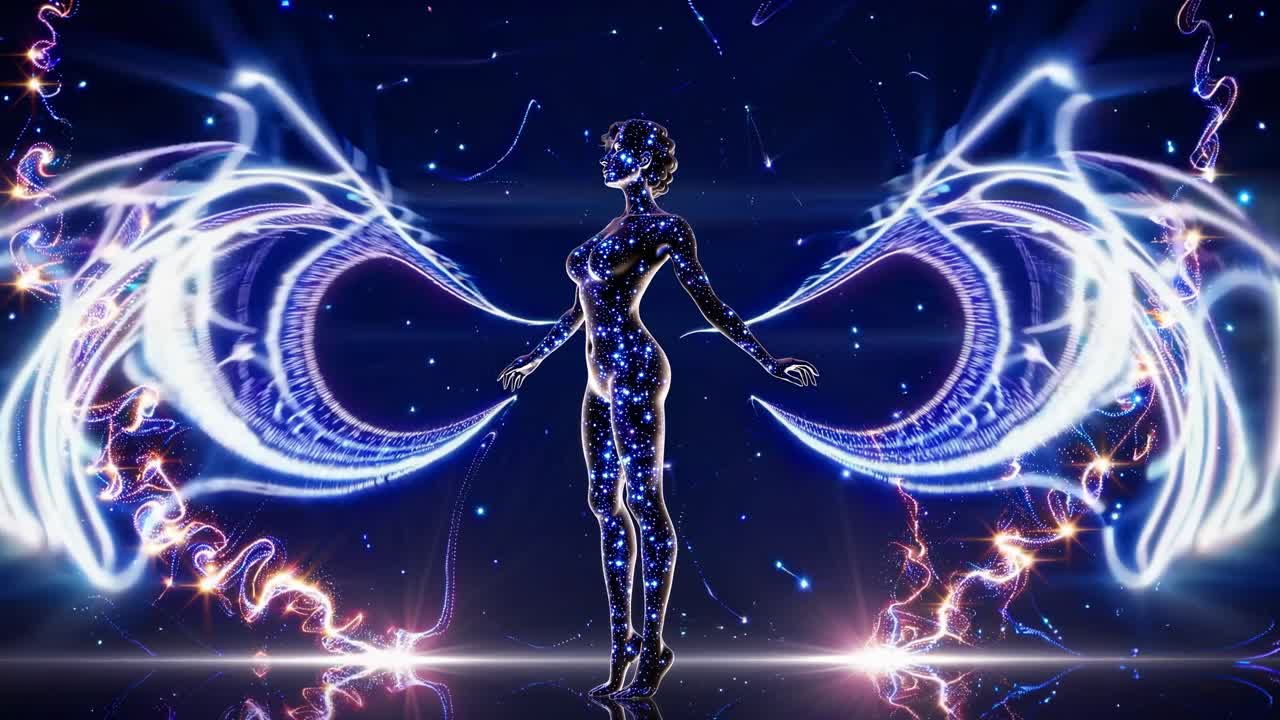 Video arte futuristica con un design simmetrico. Una figura centrale circondata da elementi luminosi e astratti.