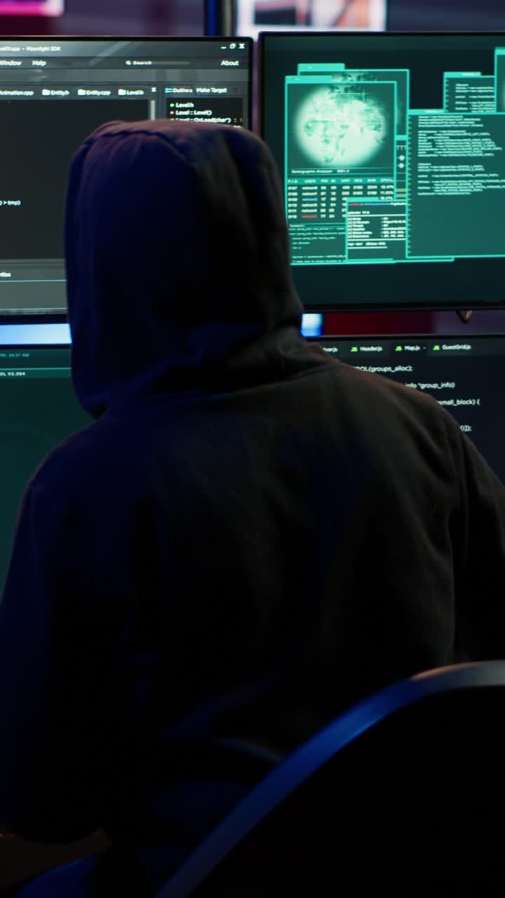 Hacker med bærbar computer ankommer i hemmelighed til en base, klar til at programmere virusser i en vertikal video