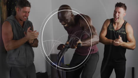 animation of dna strand over diverse men exercising at gym