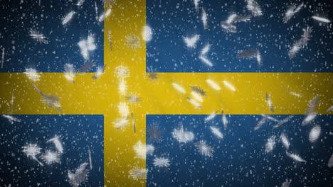 sweden flag falling snow loopable, new year and christmas background, loop