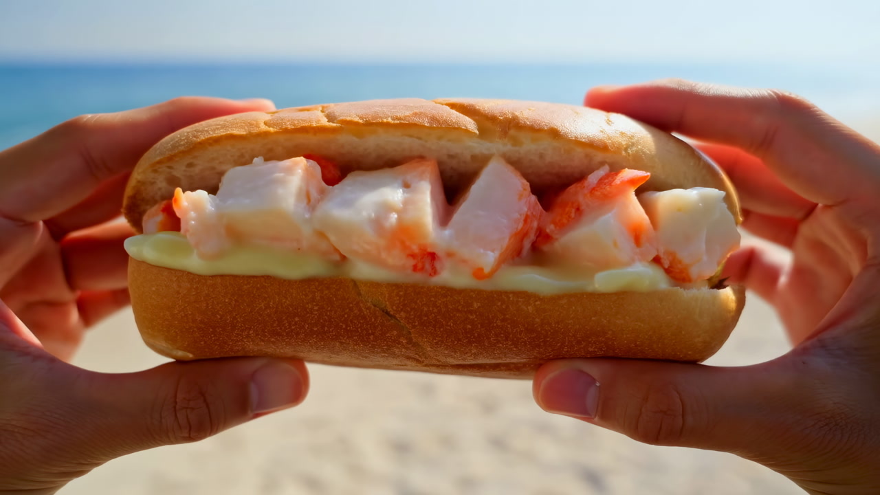 Closeup Hands Holding Lobster Roll Seaside, Sunlit Beach Background With Soft Bun, Creamy Mayo And Chilled