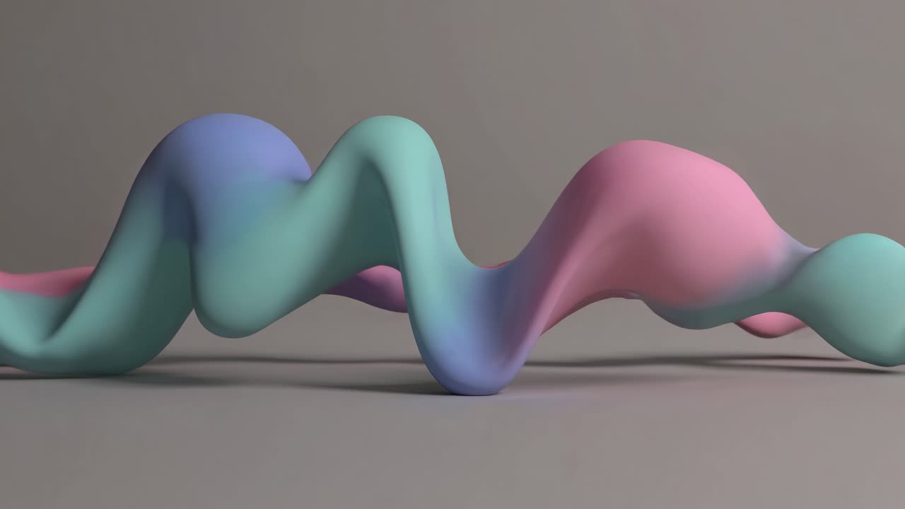 Flowing abstract shapes in soft pastel colors create a mesmerizing wave-like motion, showcasing the seamless transition and dynamic movement of the scene's visual elements