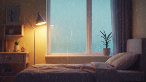 a cozy bedroom scene featuring soft lighting and rainy window creates a calming atmosphere for relaxation and peaceful moments