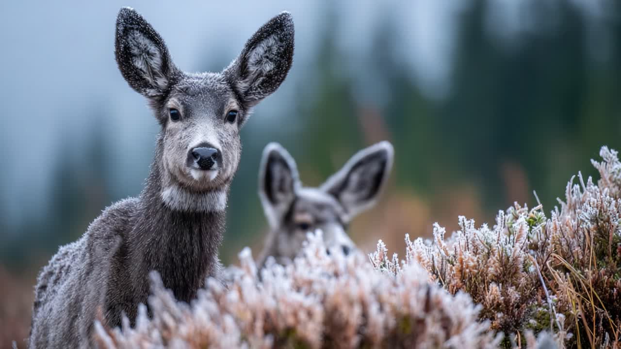 A close-up look at two deer in a frost-covered landscape, showcasing their delicate features and the serene beauty of the winter wilderness environment