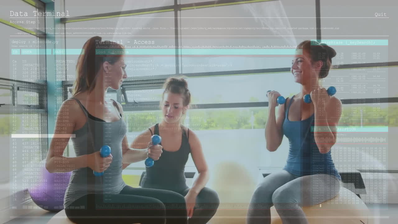 Three women doing bicep curls using dumbbells on stability balls in gym, with animated health icons
