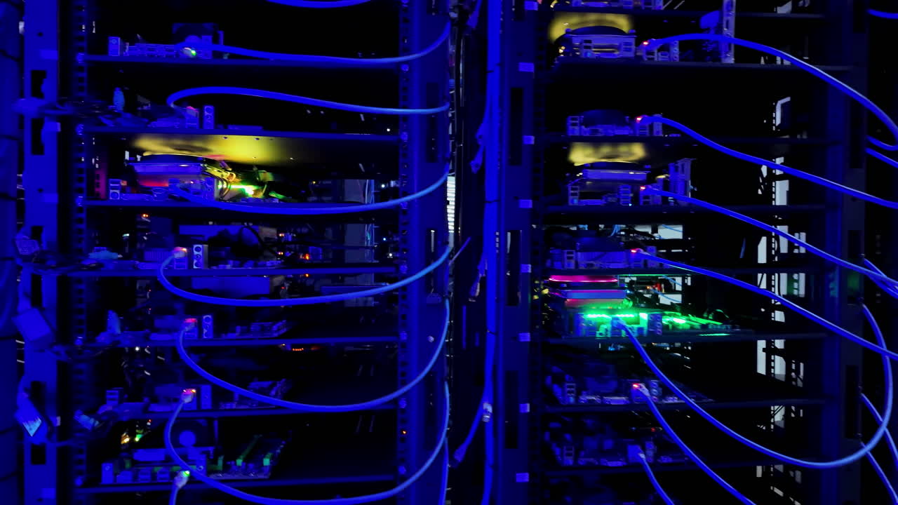 Multiple servers with flashing red lights in a data center