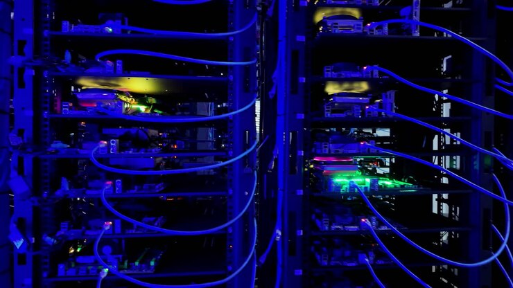 Multiple servers with flashing red lights in a data center