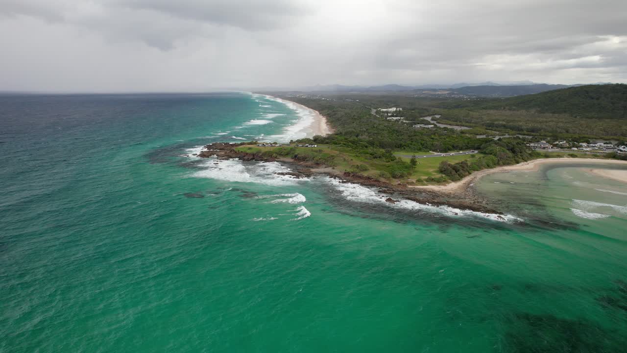 Dramatic Sky Over Hastings Point Lookout Along New South Wales Coast In Australia. drone shot