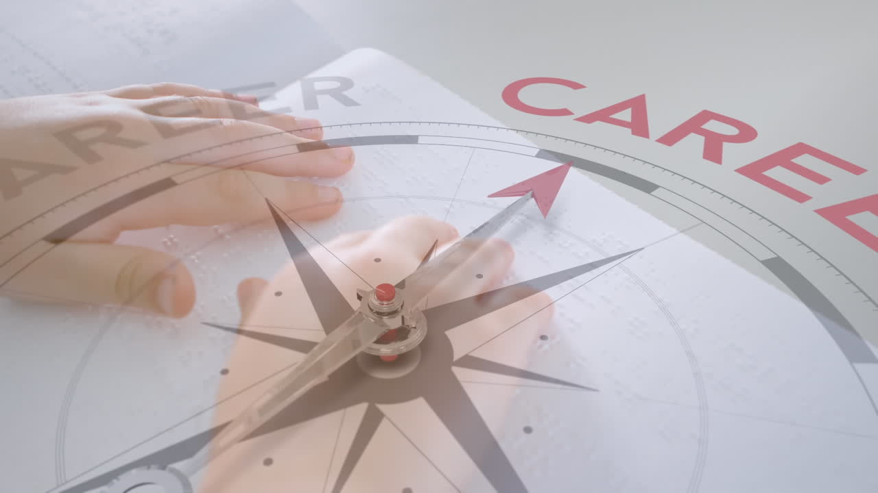 animación de una brújula con texto sobre un niño caucásico que lee braille