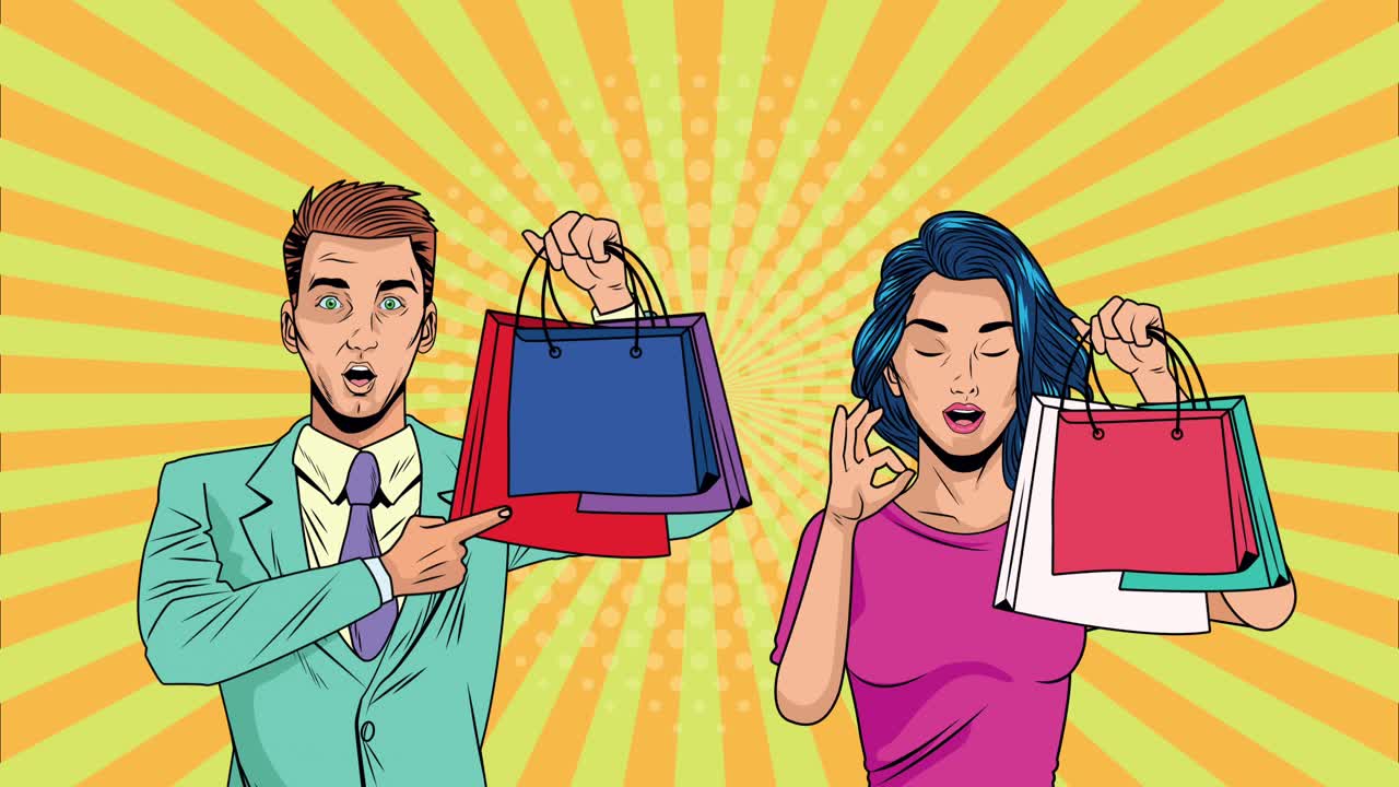 pareja de negocios con bolsas de compras animación de arte pop