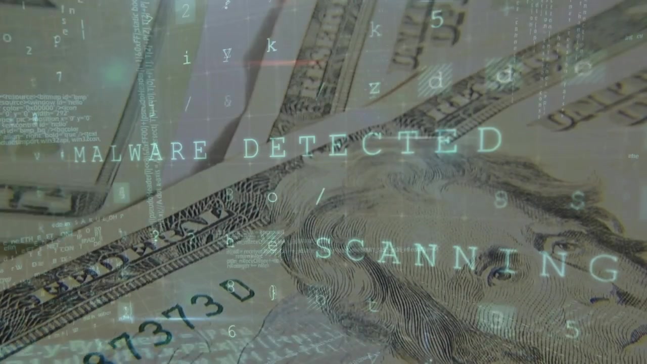 Cybersecurity Warning Overlay on US Currency Banknotes