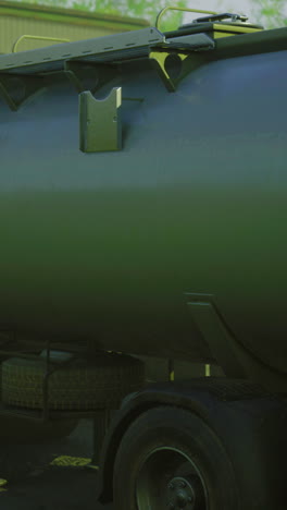 metallic tank trailer parked near industrial facility surrounded by trees