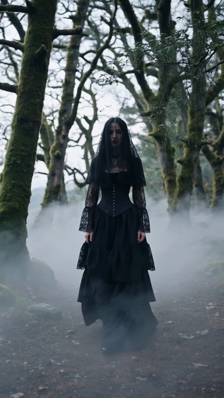 Gothic Woman in Black Veil in a Misty Forest